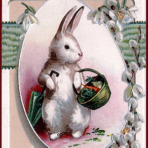Może przedstawiać: Vintage kartka wielkanocna z białym kr&oacute;likiem trzymającym zielony kosz wypełniony marchewkami i zielenią oraz czarnym parasolem. Tekst to "Fond Easter Greeting."