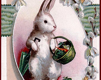 Vintage Easter Bunny Illustration: Ready For Rain. Antique Postcard Art Print (Digital Download)