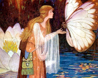 Fairy With Butterfly! Digital FAIRY Vintage Illustration. DIGITAL Fairy Download. VINTAGE Fairy Digital Print. Digital Fairy Tale Download.