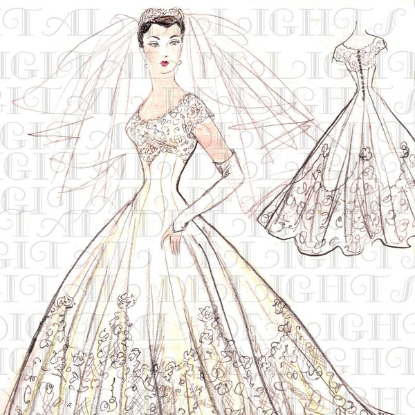 EXCLUSIVE 1950s BRIDAL Gown. Hand Drawn Original Design. Vintage Illustration. RARE Bride Digital Download.