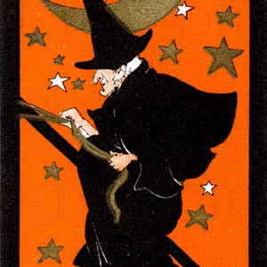 Illustrazione vintage di una strega di Halloween: Flying Among Stars Bridge Tally (download digitale)