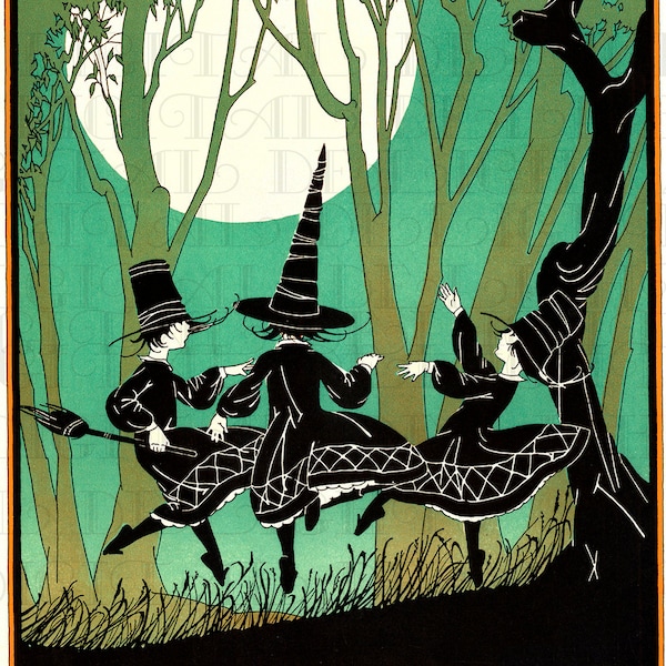 SELTEN! Üppige kleine tanzende Hexen! Vintage Halloween Illustration! Vintage HALLOWEEN Digitaler Download. Von ORIGINAL!