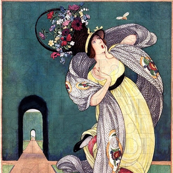 Bees in Her Bonnet.  Art Deco Flapper.  VINTAGE Illustration. Art Deco DIGITAL Download. Vintage Digital Print. George Wolfe Plank