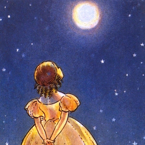 Vintage Moon Illustration. Little Girl and Twin Bunny Rabbits. Vintage Digital Download. Printable Image.