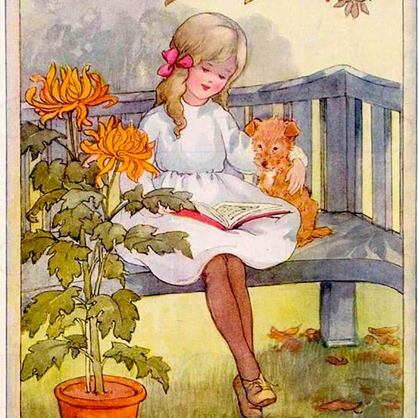 Anne Anderson Herbst Illustration: Mädchen, Hund, lesend (Digitaler Download)