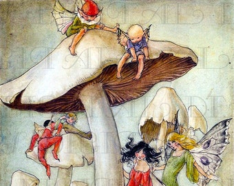 Fairies and ELVES Play On MUSHROOMS! Vintage Fairy Illustration. Digital Fairy Download. Digital Fairies Printable Image