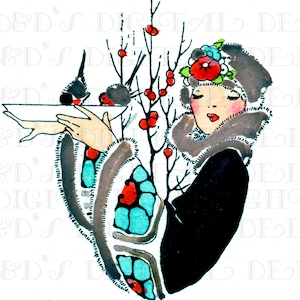 RARO Deco Flapper degli anni '20 che dà da mangiare agli uccellini. ILLUSTRAZIONE Digitale Flapper VINTAGE. Scarica Flapper digitale.