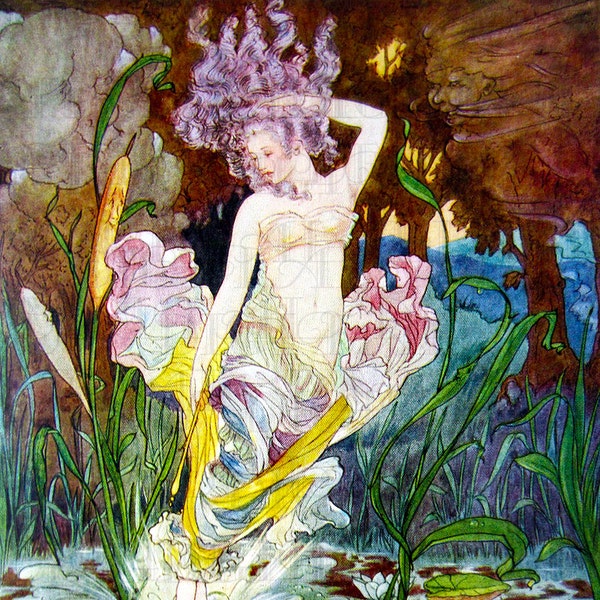 Vintage Water Nymph Illustration, Mermaid Fairy Tale Art (Digital Download)