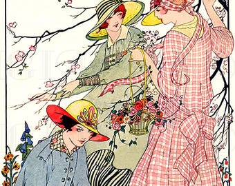 Deco Gardening Ladies Illustration, Vintage Art Print (Digital Download)