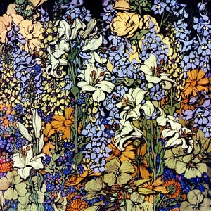 May include: A colorful floral illustration featuring white lilies, blue forget-me-nots, yellow and orange flowers, and green foliage.
