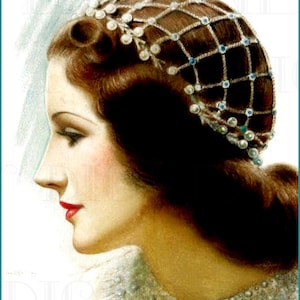 Delizioso copricapo da sposa in stile Giulietta. Illustrazione vintage Art Deco. Download DIGITALE di una sposa flapper. Illustrazione di matrimonio