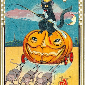 UNUSUAL Jack O Lantern Driven By Mice/Back Cat! VINTAGE Halloween Digital Download. Vintage HALLOWEEN Illustration. Halloween Art to Print