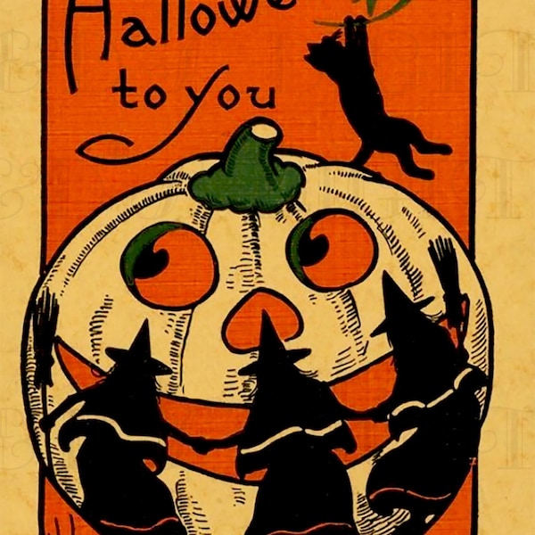 Vintage Halloween Postkarte Digitaler Download: Hexen & Jack O' Lantern Illustration