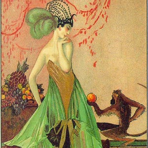 Art Deco Flapper And Her Monkey Print: Exotic Vintage Illustration (Digital Download)