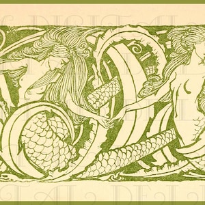Unusual Nouveau Line of Mermaids. Vintage MERMAID Illustration. Vintage Mermaid Digital Download. Digital Mermaid Art To Print.