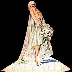 May include: A bride in a white wedding dress with a long veil and a bouquet of white and pink flowers. She is standing on a white platform with a blue and white pattern.