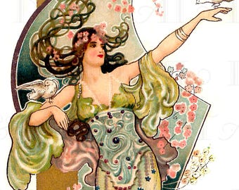 アール・ヌーヴォーのローブをまとった魅惑的な女性と鳩！ヴィンテージ