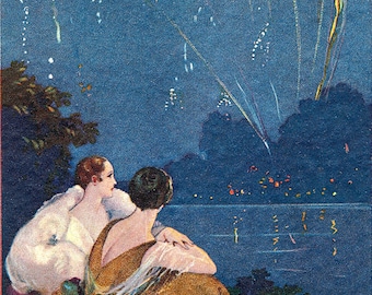 Starry Starry Night. Art Deco Flappers Postcard. VINTAGE Digital Illustration. Art Deco Digital Download