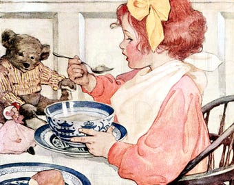 Jessie Wilcox Smith Illustration: Teddy Bear Eats Breakfast Vintage Art Print (Digital Download