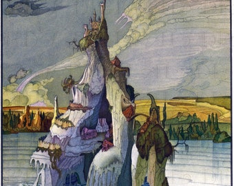 Art-decokasteelillustratie: vintage sprookje digitale download