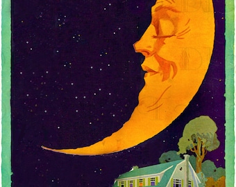 MAN in the HALF Moon! Vintage Moon and Cottage Illustration! Vintage Digital Download. Vintage Digital Print.