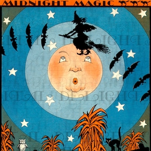 RARE! Blue Sky Flying Witch Over Man In Moon! Vintage Halloween Illustration! Vintage HALLOWEEN Digital Download. From ORIGINAL!