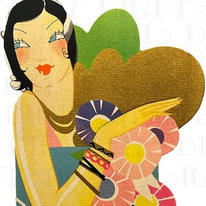 May include: A vintage illustration of a woman with black hair and a red lip holding a bouquet of pink and yellow flowers. The woman is wearing a blue dress and gold jewelry. The background is a gold and green heart shape.