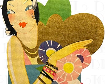 May include: A vintage illustration of a woman with black hair and a red lip holding a bouquet of pink and yellow flowers. The woman is wearing a blue dress and gold jewelry. The background is a gold and green heart shape.