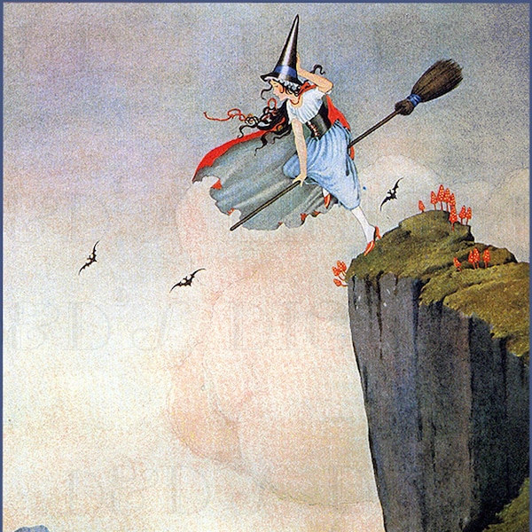 Elfen Hexe im Vorbeiflug von Ledge.  VINTAGE Fee Illustration. Feen DIGITAL Download. Vintage Print Bild einer Fee