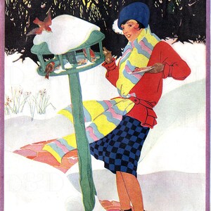 Una bella joven alimentando a los pájaros invernales. Ilustración vintage. Descarga digital de nieve invernal.