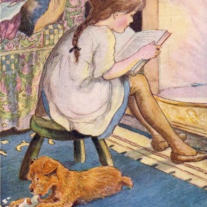Vintage Anne Anderson Illustration: Girl and Dog Choosing Books (Digital Download)