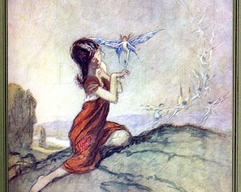 Vintage Fairy Illustration: Girl with Fairy on Finger Art Print (Digital Download)
