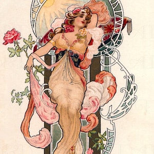 Gorgeous ROSE Art Nouveau Lady. Vintage Digital Art Nouveau ILLUSTRATION. Digital Art Nouveau DOWNLOAD.