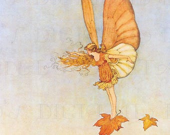 FAIRY Flies on Autumn Leaf!  Vintage Fairy Painting. Fairy Digital Download. Digital Fairy Download. Vintage Digital Fairy Print!