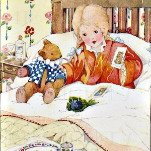 RZADKIE. Anne Anderson. Teddy i jego mama bawią się w łóżku! Cyfrowa ilustracja vintage. Cyfrowe pobieranie ilustracji vintage. Idealny wydruk!