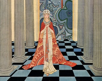 May include: A woman in a white dress and a red and orange patterned cloak stands in a room with white columns and a black and white checkered floor. She is wearing a crown of white flowers and a necklace. A green and blue patterned door is behind her.