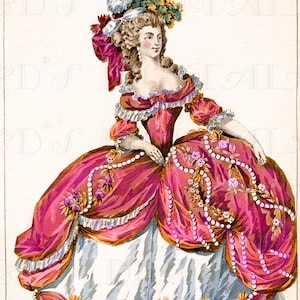 Vestido rosa deslumbrante de Maria Antonieta. Ilustração digital vintage de moda francesa. Download digital. Estampa de Maria Antonieta.