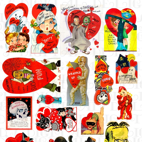 Rare! HALLOWEEN Themed VALENTINES! Digital Vintage Valentine COLLAGE. Digital Valentine Clip Art Download! All Sizes