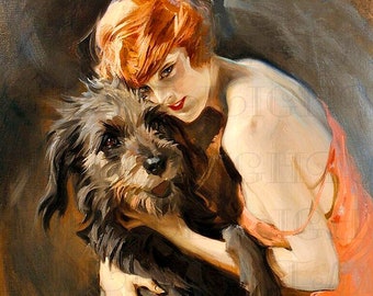 VTG 1920/'s Art Deco FLAPPER GIRL Fashion Dog FOX TERRIER Hat Dress Art RP PRINT