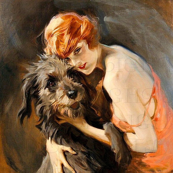 Vintage Flapper Art Deco Print: Redhead with Shaggy Dog (Digital Download)