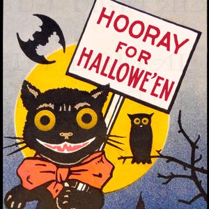 HOORAY For HALLOWEEN! Digital Halloween Download. Vintage Halloween Illustration. Vintage Halloween Digital Download. Black CAT