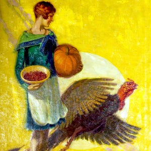 May include: An oil painting depicts a woman in a green dress holding a bowl of red berries and a pumpkin. A turkey is in mid-flight. The background is a bright yellow, creating a warm, autumnal scene.