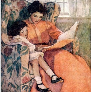 Silla floreada con madre e hijo leyendo. Ilustración vintage de Jessie Wilcox Smith. Descarga digital.