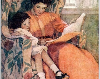 Flowered Chair With Mother And Child READING.  Jessie Wilcox Smith  VINTAGE llustration. Digital DOWNLOAD.