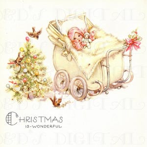 Gorgeous Color Illustration of "Baby at Christmas Time" from a Vintage Baby Record Book.  Digital ILLUSTRATION Download.