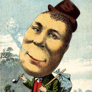 Vagabundo con cara de patata. Ilustración de anuncio antiguo, peculiar y peculiar. Descarga digital vintage. Impresión digital vintage inusual.
