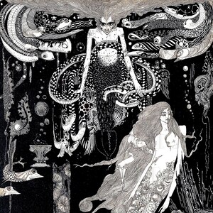 May include: Black and white illustration of a mermaid with long flowing hair and a crown. She is surrounded by intricate details of sea creatures and plants. The mermaid is holding a goblet in her hand.