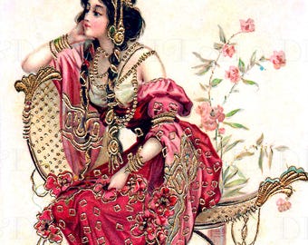 Art Nouveau Lady in Red Digital Print: Antique Postcard (Digital Download)