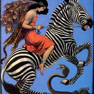 Gorgeous Flapper Rides Zebra.  VINTAGE  Illustration. Digital Download. Digital Deco Flapper PRINT.