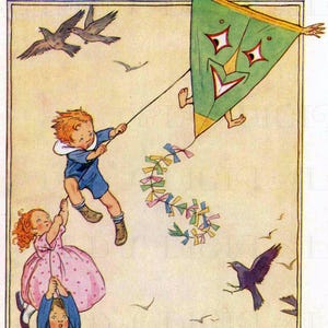 Vintage Children&#39;s Illustration: March Kite Scene (Digital Download, 7.4x10.5&quot;)